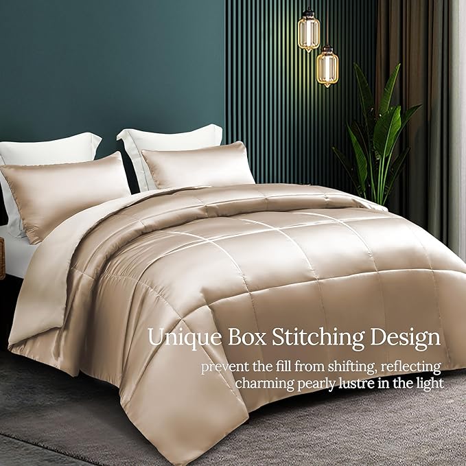 Whale Flotilla 3-Piece Reversible Silky Soft King Size Comforter Bedding Set, Luxurious Satin Comforters Oversized with 2 Satin Pillowcases, Lightweight Duvet for All Seasons, Champagne