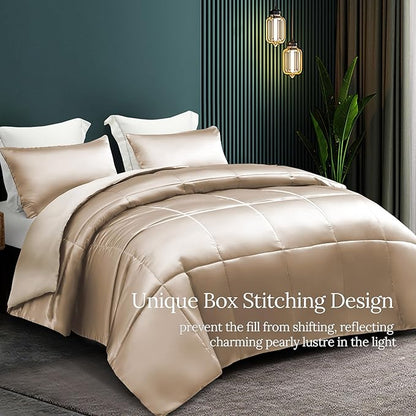 Whale Flotilla 3-Piece Reversible Silky Soft Queen Comforter Bedding Set, Luxurious Satin Comforters Full Size with 2 Satin Pillowcases, Lightweight Duvet for All Seasons, Champagne
