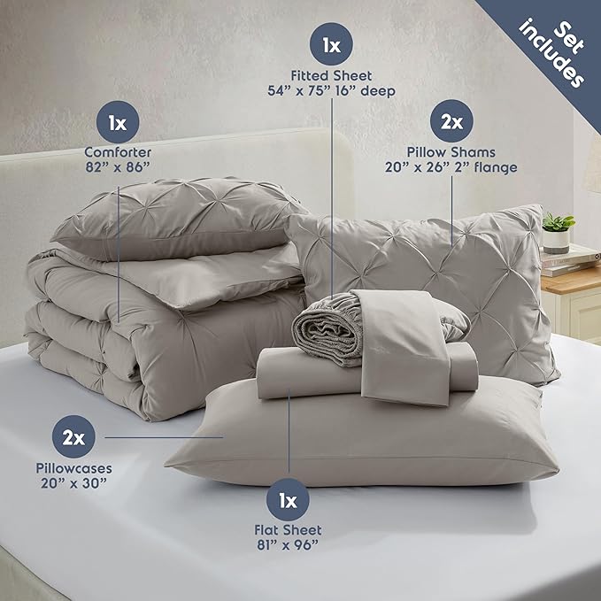 Nestl 7 Piece Comforter Set - Pinch Pleated Bedding Set, All Season Bed in a Bag, Full Size Bed Sheets and Comforter Set with Pillowcases and Shams