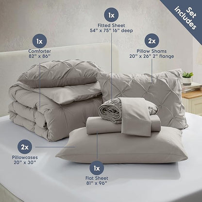 Nestl 7 Piece Comforter Set - Pinch Pleated Bedding Set, All Season Bed in a Bag, Full Size Bed Sheets and Comforter Set with Pillowcases and Shams