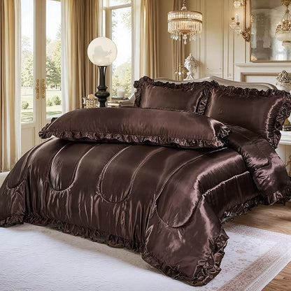 Brown Queen Comforter Silk Like Bedding 4 Pcs Hotel Soft Polyester Satin Bed Set Luxury Silky Body Pillow Cover Ruffle Home Decor