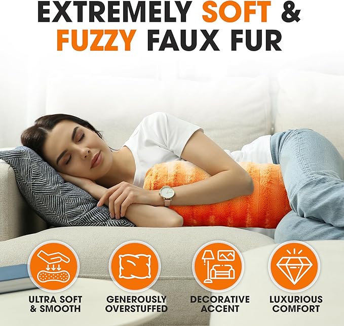 Cheer Collection Faux Fur Bolster Pillows – Soft Decorative Cylinder Pillows for Bed or Couch, Machine Washable – 8” x 24”, Set of 2, Rust
