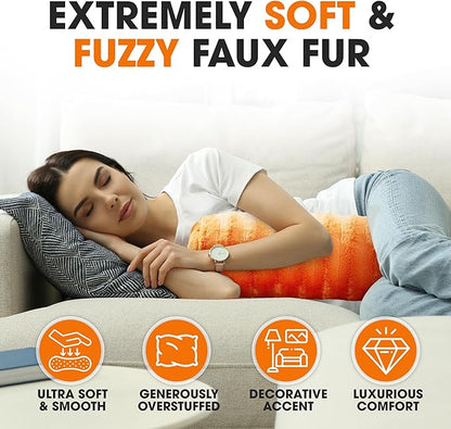 Cheer Collection Faux Fur Bolster Pillows – Soft Decorative Cylinder Pillows for Bed or Couch, Machine Washable – 8” x 24”, Set of 2, Rust