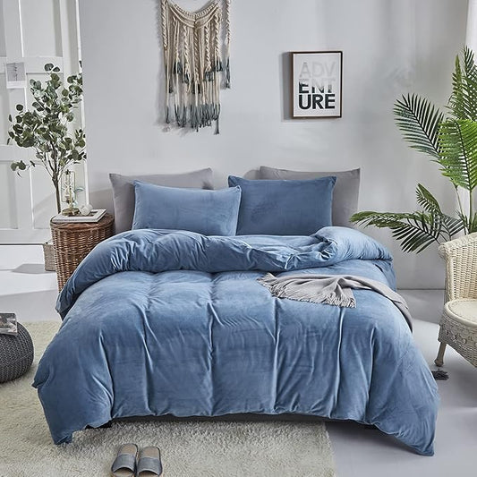 Wellboo Blue Velvet Comforter Sets Twin Boys Men Lake Blue Fluffy Bedding Comforters Women Girls Solid Blue Flannel Cozy Quilts Modern Plain Haze Blue Aesthetic Blanket Luxury Ultra Soft Shaggy Bed