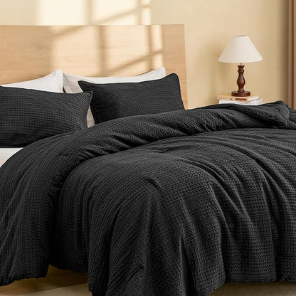 PHF Soft Waffle Comforter Set King Size- Comfy Breathable Waffle Weave Comforter with 2 Pillow Shams, 3 Pieces Less Snagging Lightweight Textured Bedding Set for All Season, Black