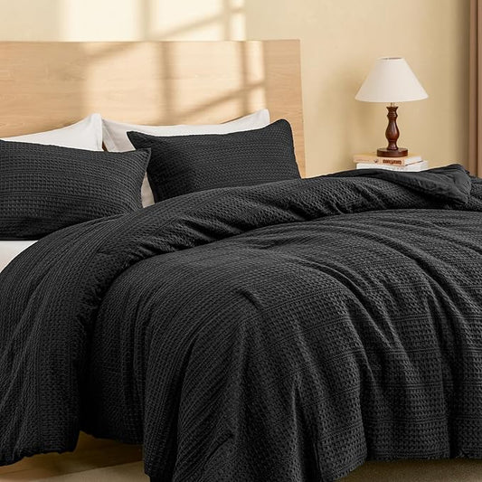 PHF Soft Waffle Comforter Set King Size- Comfy Breathable Waffle Weave Comforter with 2 Pillow Shams, 3 Pieces Less Snagging Lightweight Textured Bedding Set for All Season, Black