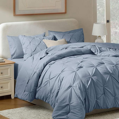 Nestl Full Size Comforter Set - 7 Piece Pinch Pleated Bedding With Sheets, Pillowcases, and Shams - All Season Bed in a Bag, Stone Blue