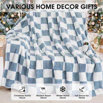 Heated Electric Blanket Throw, 50X60 Heating Blanket with 10 Heat Levels & 8 Hours Auto Off for Lap, Misty Blue Checkered Plaid Soft Sherpa Blankets Warmer Gifts for Couch Grandma Women Adults