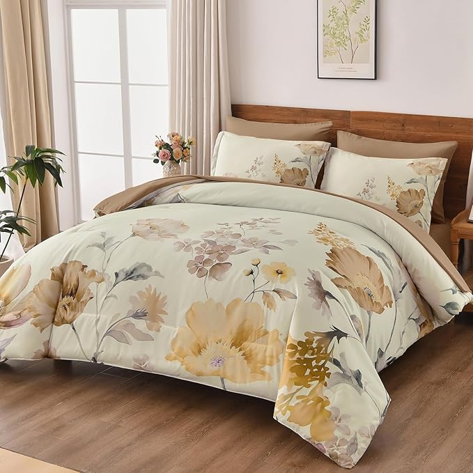 DJY Floral Comforter Set King Size 7 Pieces Cream & Warm Yellow Floral Bed in a Bag with Flower Leaves Pattern, Soft Microfiber Botanical Comforter and Sheet Set All Season Bedding Set(104''x90'')