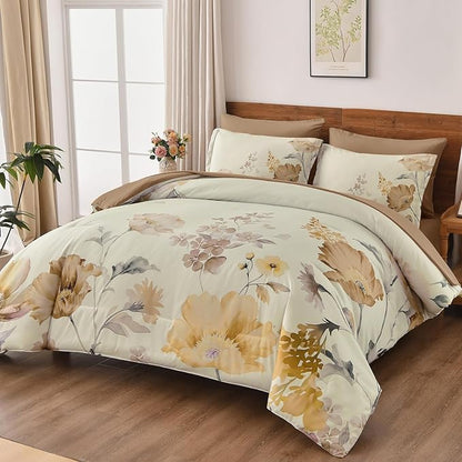 DJY Floral Comforter Set Queen Size 7 Pieces Cream & Warm Yellow Floral Bed in a Bag with Flower Leaves Pattern, Soft Microfiber Botanical Comforter and Sheet Set All Season Bedding Set(90''x90'')