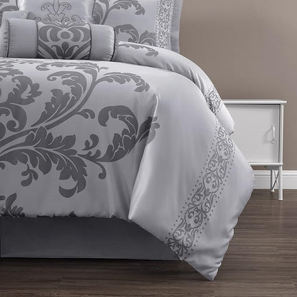 Chezmoi Collection 7-Piece Jacquard Floral Comforter Set (California King, Silver/Gray)