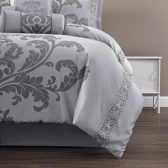 Chezmoi Collection 7-Piece Jacquard Floral Comforter Set (King, Silver/Gray)