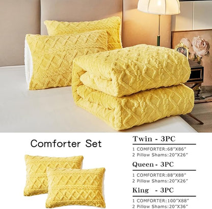 Joyreap 3-Piece Fluffy Faux Fur Sherpa Comforter Set, Twin Size Luxury Tufted Bedding Comforter Set, All Season Soft n Cozy Plush Comforter Bed Set- Yellow, 68x86 inches
