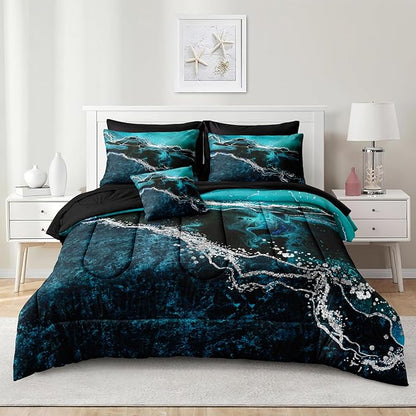 Black Marble Comforter Set 8 Pcs Turquoise Blue Bedding Set Queen Size Bed in A Bag Blue and Black Stone Texture Abstract Room Decor Black Marble Bed Comforter