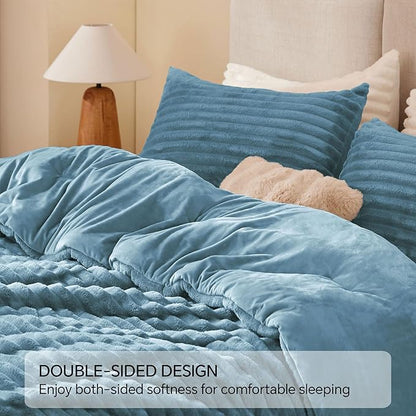 BEDELITE Fleece Queen Comforter Set -Super Soft & Warm Fluffy Blue Fog Bedding, Luxury Fuzzy Heavy Bed Set for Winter with 2 Pillow Cases