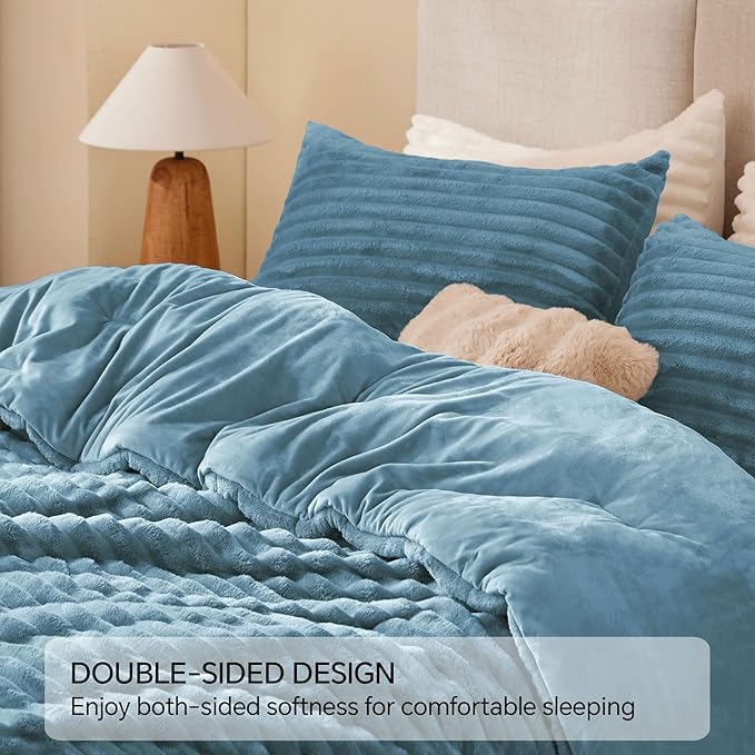 BEDELITE Fleece Twin Comforter Set -Super Soft & Warm Fluffy Blue Fog Bedding, Luxury Fuzzy Heavy Bed Set for Winter with 1 Pillow case
