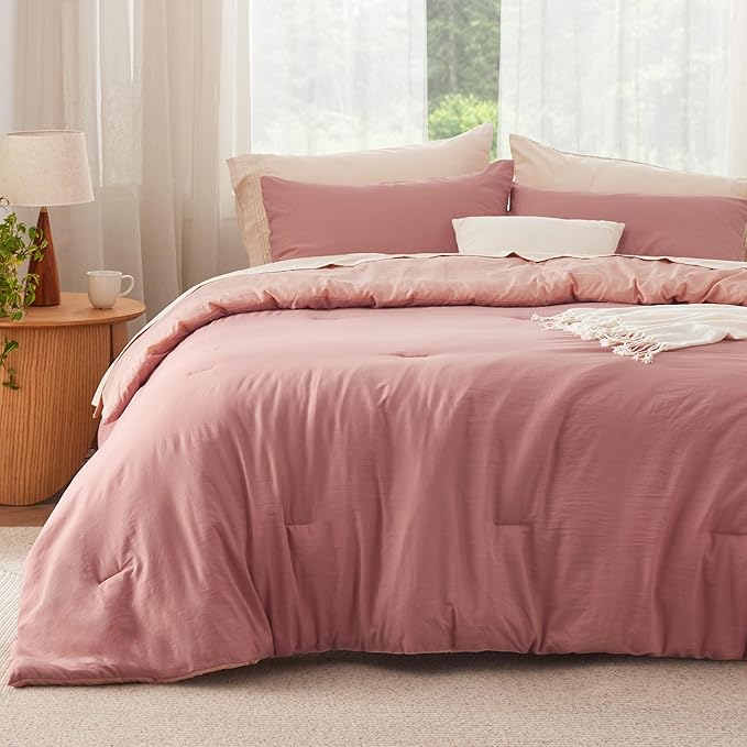 Bedsure Full Comforter Set, Pink Clay Soft Prewashed Bedding for All Seasons, 3 Pieces GentleSoft™ Bed Set, 1 Lightweight Comforter (82"x86") and 2 Pillowcases (20"x26")