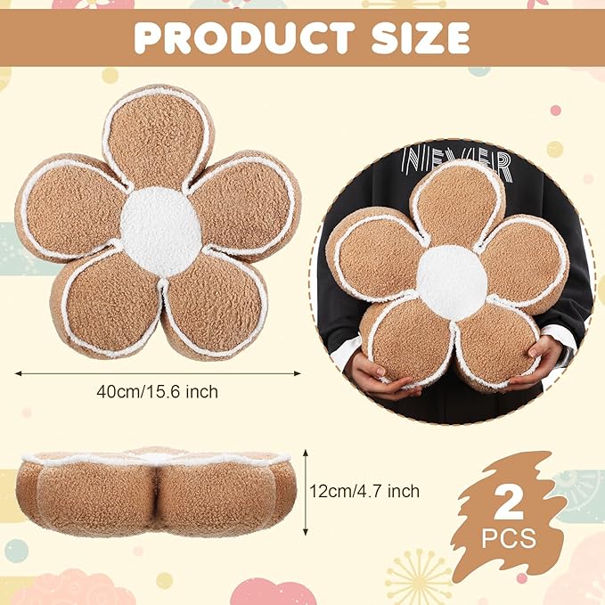 Menkxi 2 Pack Flower Pillows Cute Flower Shaped Pillows Daisy Pillow Throw Soft Floor Cushion for Living Room Bedroom Sofa Couch Winter Warm Decoration 15.7 Inch(Khaki)