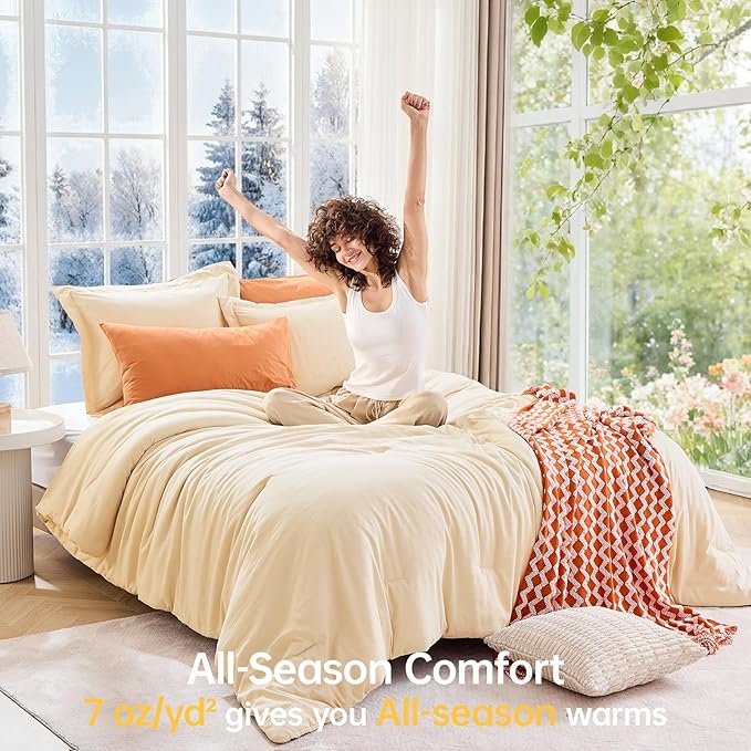MUXHOMO Full Comforter Sets, All Season Ultra Soft Down Alternative Bedding - 3 Piece Lightweight Bed Set Includes 1 Comforter (82"x86") and 2 Pillow Shams (20"x26"), Light Yellow