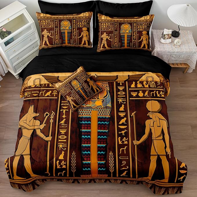 Ancient Egypt Comforter Set Black Gold Bedding Set Pharaoh Tribal Retro Comforter Egypt Cultural Theme Bedroom Decor Boho Exotic Vintage Bedding King Bed in A Bag