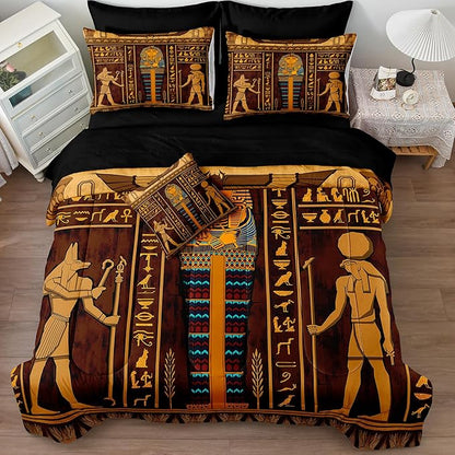 Ancient Egypt Comforter Set Black Gold Bedding Set Pharaoh Tribal Retro Comforter Egypt Cultural Theme Bedroom Decor Boho Exotic Vintage Bedding King Bed in A Bag
