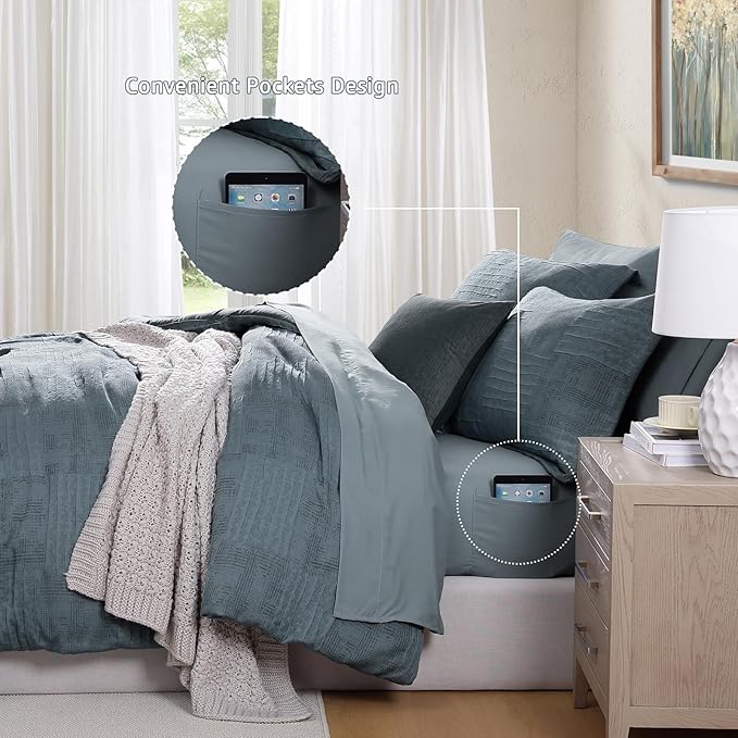 MaiRêve Queen Comforter Set Dusty Blue, Textured Design Crinkle Bedding Sets 7 Pieces, All Season Bed in A Bag with Comforter, Sheets, Pillowcases & Shams