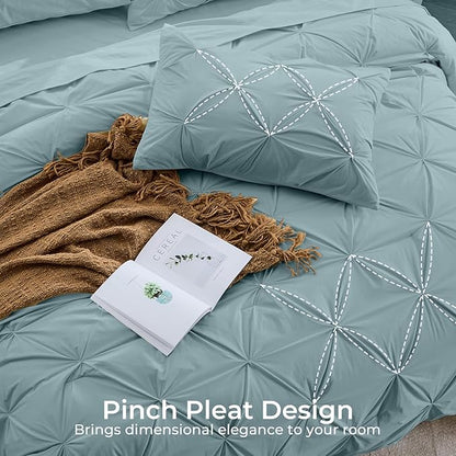 Sasttie Twin Comforter Set, 5-Piece Bed in a Bag, Pintuck Bedding Sets for All Season, Includes Comforter, Flat Sheet, Fitted Sheet, Pillowcase and Pillowsham, Greylish Blue