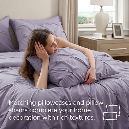 Bedsure Twin Comforter Set Grayish Purple - Bed in a Bag Twin Size Bedding 5 Pieces, GentleSoft™ Pintuck Bed Set Gift for Family, Pinch Pleat Grayish Purple Comforter with Sheets, Pillowcase & Sham