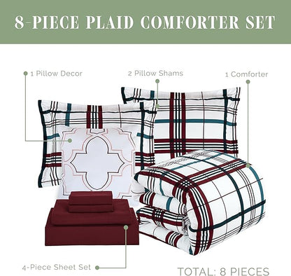 Elegant Comfort 8-Piece Lodge Plaid Reversible Comforter Set - All Season Bed in a Bag, 4-Piece Sheet Set Featuring Smart Pockets, Matching Shams and Decorative Pillow, Full/Queen, Burgundy