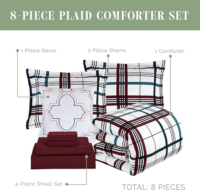 Elegant Comfort 8-Piece Lodge Plaid Reversible Comforter Set - All Season Bed in a Bag, 4-Piece Sheet Set Featuring Smart Pockets, Matching Shams and Decorative Pillow, Twin/Twin XL, Burgundy