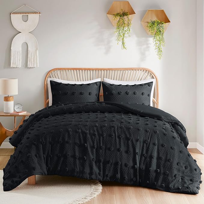 Intelligent Design Queen Duvet Cover Set, Clipped Jacquard Duvet Set Chic Pompom Accent, All Seasons Lightweight Microfiber Bed Cover for Comforter with 2 Shams, Lucy, Full/Queen, Black 3 Piece