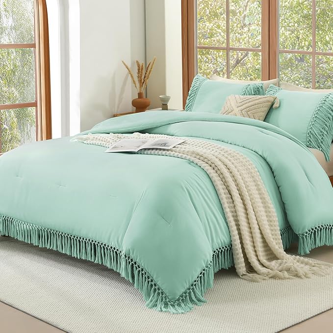Andency Mint Comforter Set California King, 3 Pieces Boho Cal King Tassel Lightweight Soft Bedding Comforter Sets, Oversized Bed Set (104x96In Comforter & 2 Pillowcases)