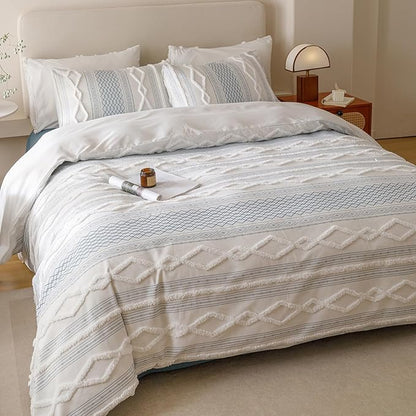 CLOTHKNOW White Blue Bohemian Comforter Full Size Set Clipped Jacquard Farmhouse Bedding Comforter Sets Jacquard Stripes Comforter Soft Fluffy