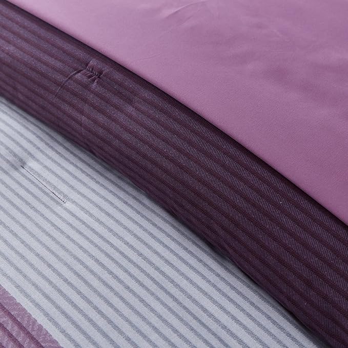 WONGS BEDDING Purple Comforter Set Queen, Reversible Purple Striped Patchwork Alternative Comforte Set for Queen Bed,3 Pieces(1 Comforter+2 Pillowcases), Soft Microfiber Bedding Set 90”×90”