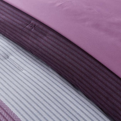 WONGS BEDDING Purple Comforter Set Queen, Reversible Purple Striped Patchwork Alternative Comforte Set for Queen Bed,3 Pieces(1 Comforter+2 Pillowcases), Soft Microfiber Bedding Set 90”×90”