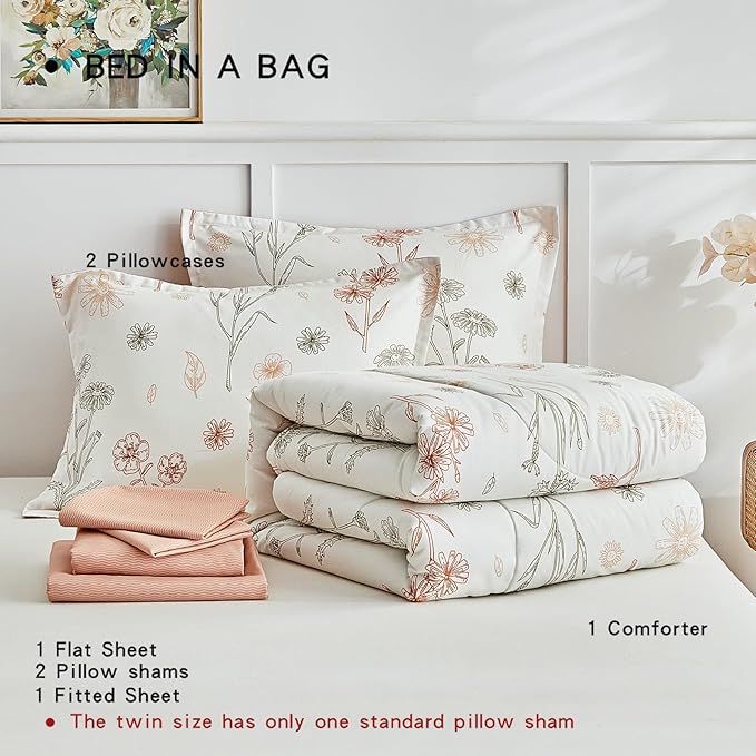 AIKASY Bed in a Bag 6 Pieces - Floral Print - Soft Microfiber, Reversible Bed Comforter Set (1 Comforter, 2 Pillow Shams, 1 Flat Sheet, 1 Fitted Sheet, 1 Pillowcases) (Sea Green, Twin)