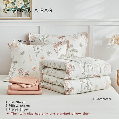 AIKASY Bed in a Bag 7 Pieces - Floral Print - Soft Microfiber, Reversible Bed Comforter Set (1 Comforter, 2 Pillow Shams, 1 Flat Sheet, 1 Fitted Sheet, 2 Pillowcases) (Sea Green, Queen)