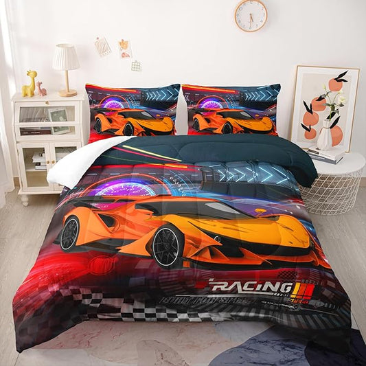 Racing Cars Comforter Sets Queen,Bedding Sets for Kids,Sports Car Theme Comforter Sets All Season 1 Comforter and 2 Pillowcases