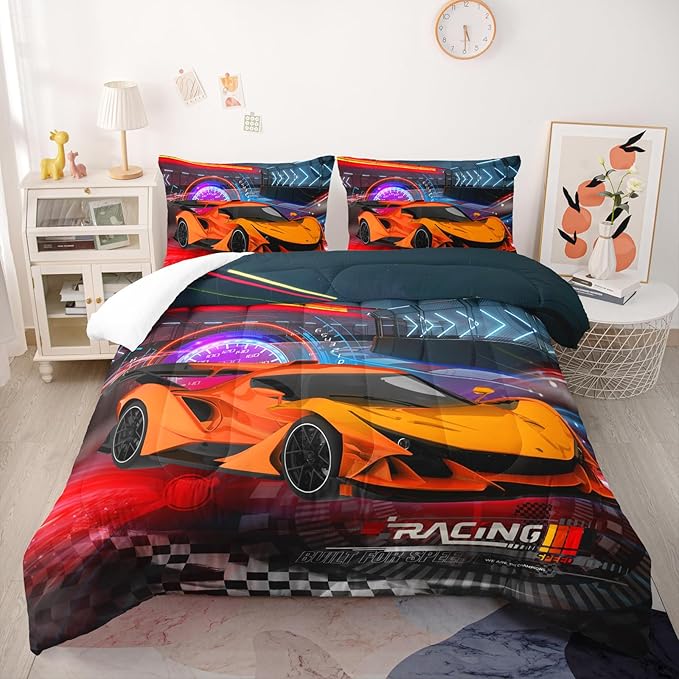 Racing Cars Comforter Sets King Size,Bedding Sets 3PCS for Kids,Sports Car Theme Bedding Sets All Season 1 Comforter and 2 Pillowcases