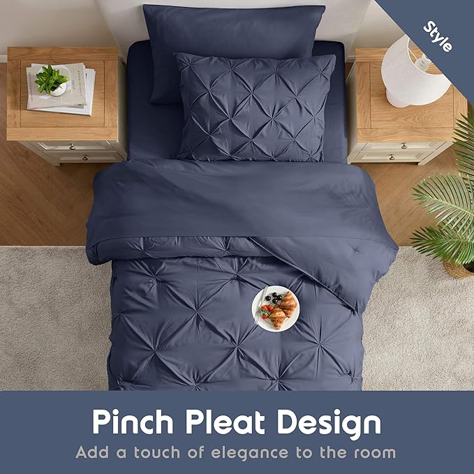 Nestl Twin XL Comforter Set 5 Piece - Pintuck Twin XL Bedding Set Navy, College Dorm Room Essentials Bed in a Bag, Twin XL Comforter Set for College Girls and Boys with Sheets, Pillowcase and Sham