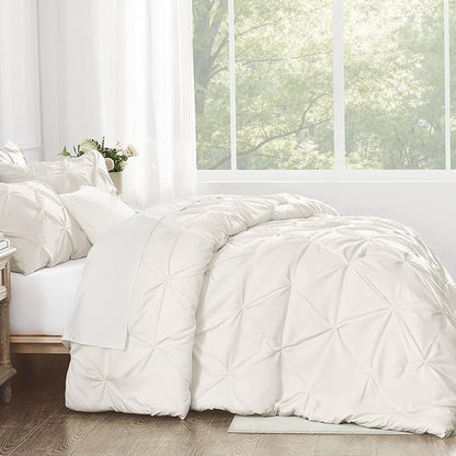 Andency Ivory Pinch Pleat Comforter Twin(66x90Inch), 2 Pieces(1 Down Alternative Comforter and 1 Pillowcase) Ivory Bed Set Microfiber Pintuck Bedding Set