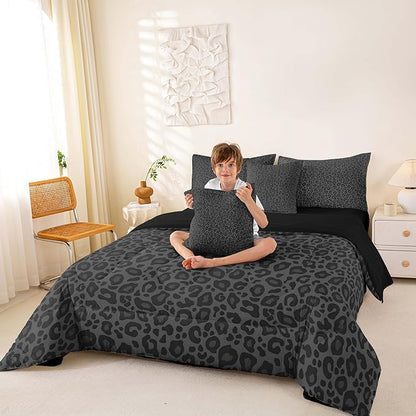 Leopard Print Twin Size Bed Sets 7 Pieces,Gray Wild Animal Skin All Season Comforter Set,African Cheetah Wildlife Bedding Set with 1 Comforter,2 Sheets,2 Pillowcases,2 Throw Pillow Covers