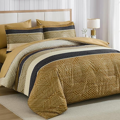 Drucon Brown Comforter Set Queen Size 7 Piece Bed in a Bag, Boho Striped Bedding Set, Soft Microfiber Comforter and Sheet Set for All Season (Queen, 90"x90")