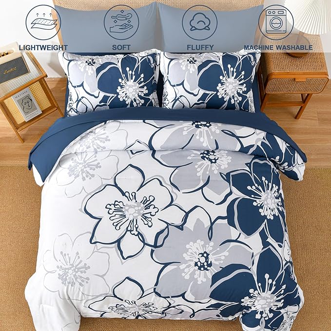 Anibedding Navy Floral Comforter Set King Size 7 Piece, Blue Flower Bed in a Bag, Elegant Botanical Floral Comforter Soft Microfiber Complete Bedding Set for All Season, (Navy Blue, 104"x90")