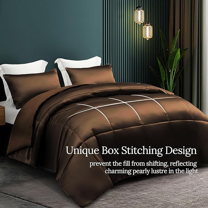 Whale Flotilla 3-Piece Reversible Silky Soft Queen Comforter Bedding Set, Luxurious Satin Comforters Full Size with 2 Satin Pillowcases, Lightweight Duvet for All Seasons, Brown
