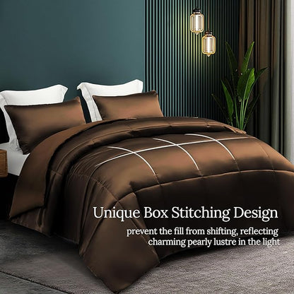 Whale Flotilla 3-Piece Reversible Silky Soft King Size Comforter Bedding Set, Luxurious Satin Comforters Oversized with 2 Satin Pillowcases, Lightweight Duvet for All Seasons, Brown