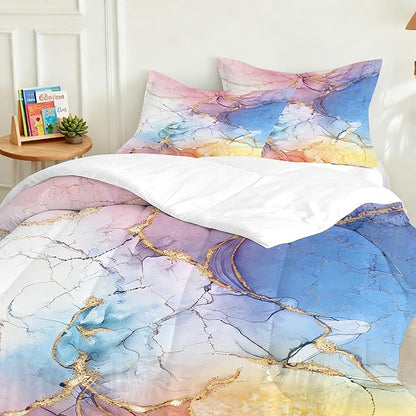 Watercolor Marble Comforter Set Twin Size for Kids Girls Teens Pastel Marbled Bedding Set Pink Blue Yellow Gold Bed Set for Room Decor Colorful Marbling Quilt Set with 1 Comforter + 1 Pillowcase