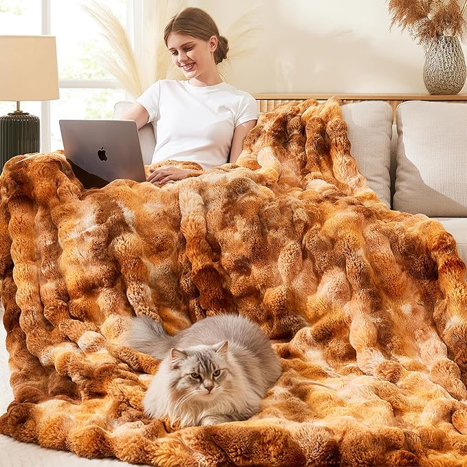 L'AGRATY Faux Fur Throw Blanket: 50" x 60" Luxury Soft Fluffy Thick Rabbit Fur Blankets for Couch Bed Sofa - Cozy Plush Bubble Blankets for Home Decor: Warm Flannel Fleece Decorative Blanket