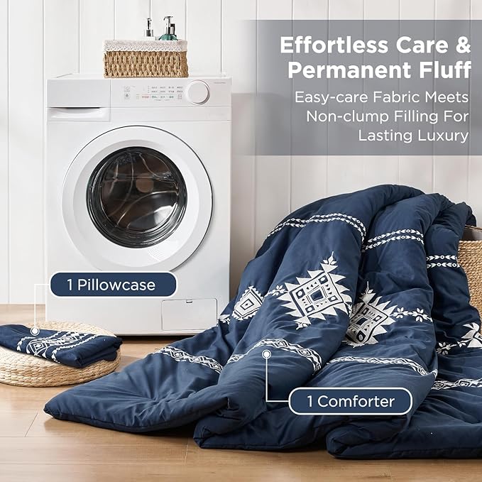 Embroidered Boho Comforter Set Twin Size, 2-Piece Western Shabby Chic Bedding Sets - Fluffy Ultra Soft Microfiber with Intricate Design, Includes Comforter & 1 Pillowcase, Navy(68"x88")