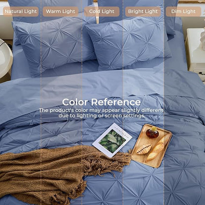 Sasttie Full Size Comforter Set, 7-Piece Bed in a Bag, Pintuck Bedding Set for All Season, Includes Comforter, Flat Sheet, Fitted Sheet, Pillowcases and Pillowshams, Slate Blue